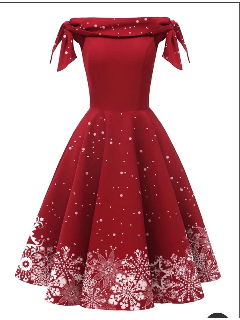 Off-Shoulder Red Fit-and-Flare Dress with Snowflake Detail